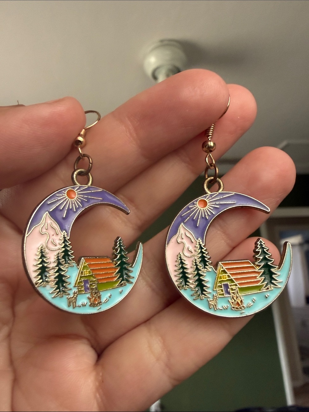 Cabin Moon Enamel Drop Earrings — Purple, Teal, Orange